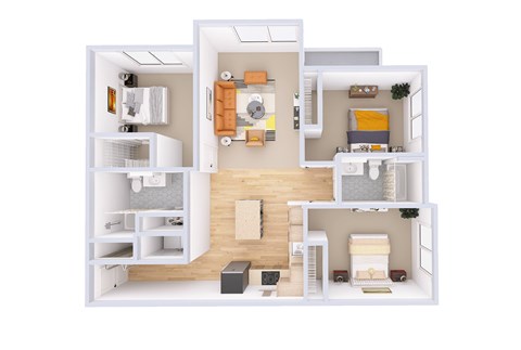 A white and wood floor plan of a small apartment.